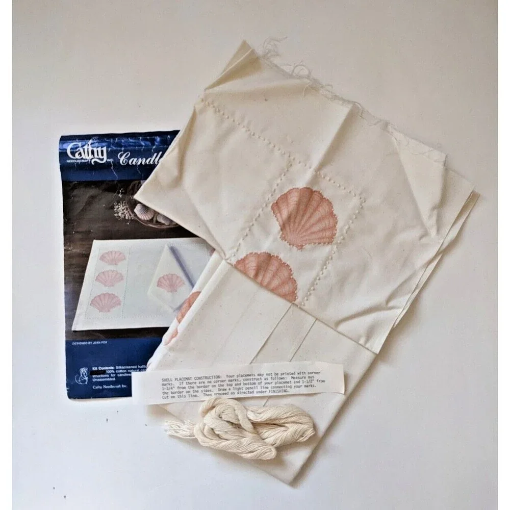 Vintage 1980's‎ Seashell Placemats Napkins Candlewicking Embroidery Kit STARTED